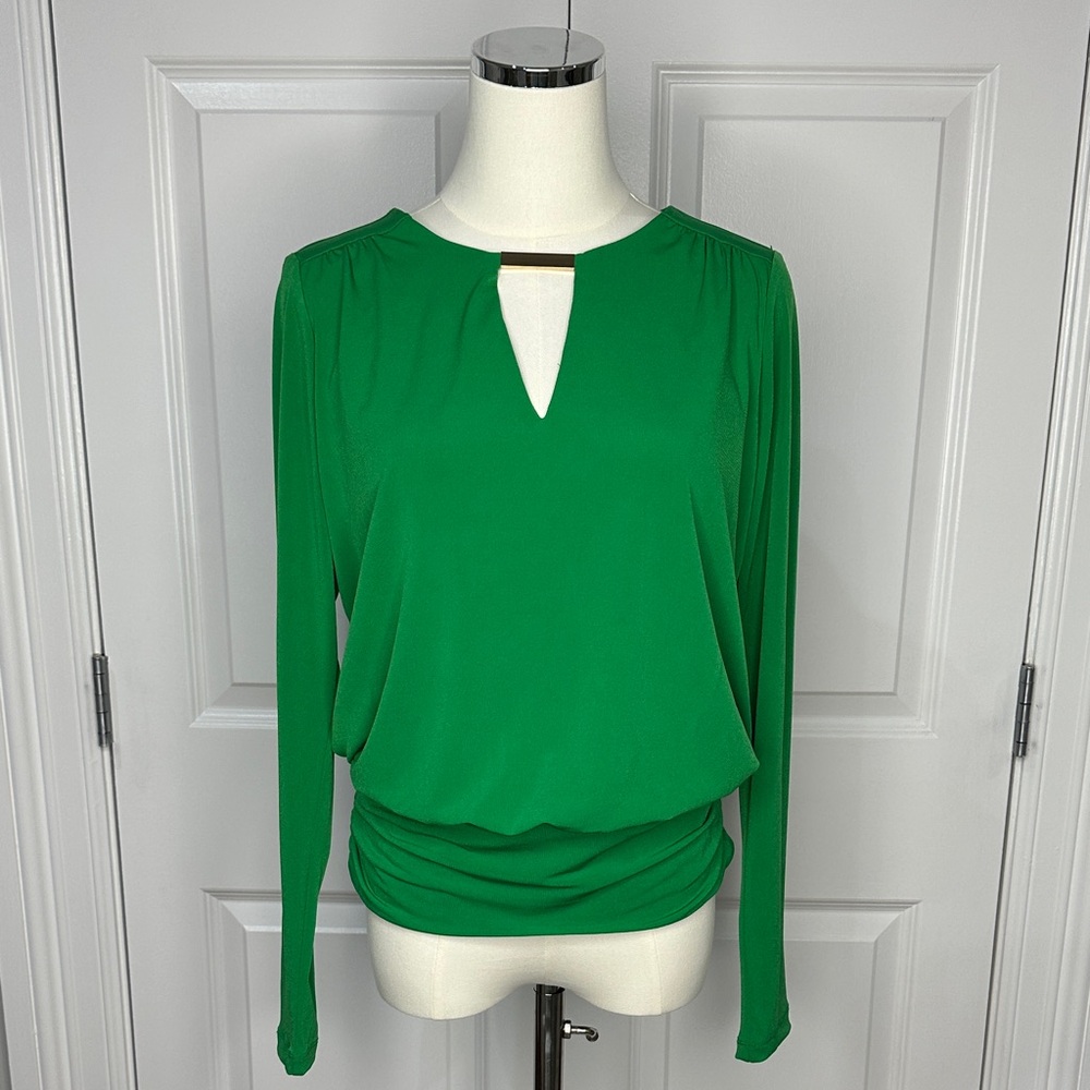 INC Emerald Green Gold Detail Dolman Sleeve Ruched Waist Keyhole Blouse Size S